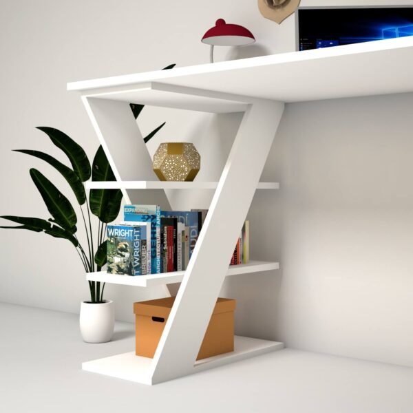 Cross Solid Standing White Table with Shelf - Image 3